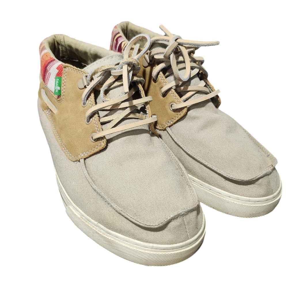 Sanuk Mens High Top Canvas and Leather Loafers size 9